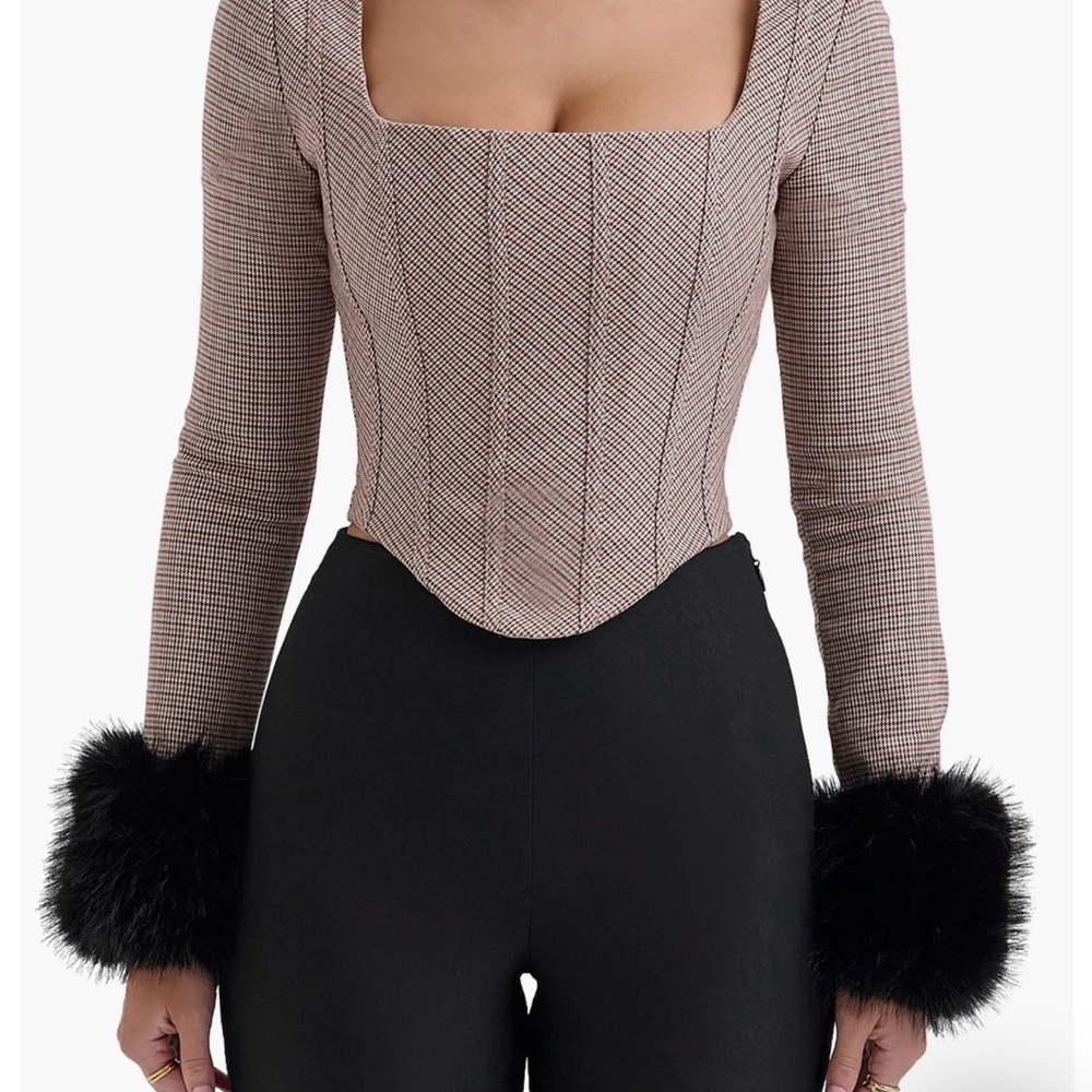 NWT House of CB Antonia Microcheck Corset Top with Black Faux Fur Cuffs